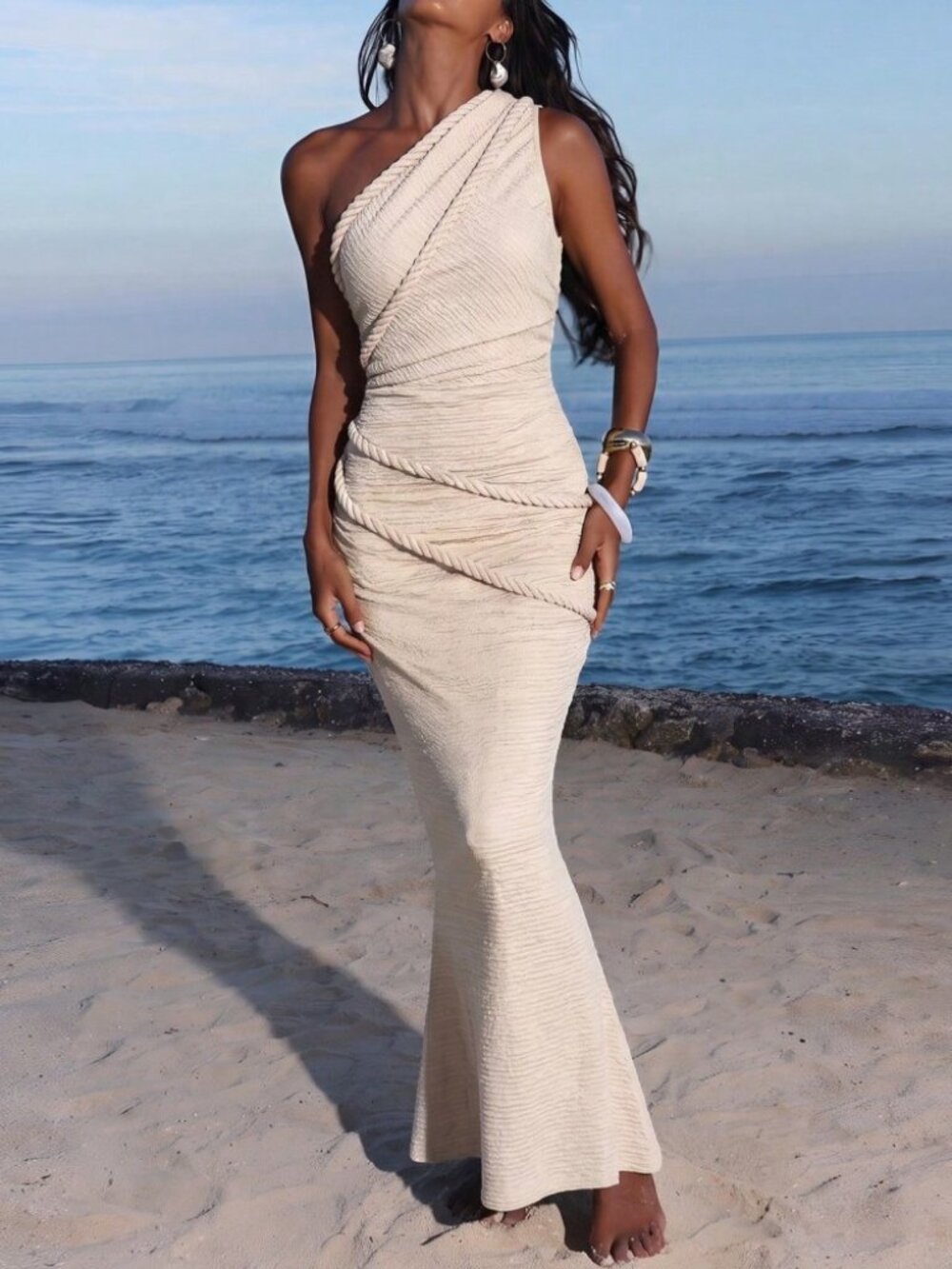 Cream Textured Knit One-Shoulder Rope Appliqué Draped Mermaid Maxi Dress